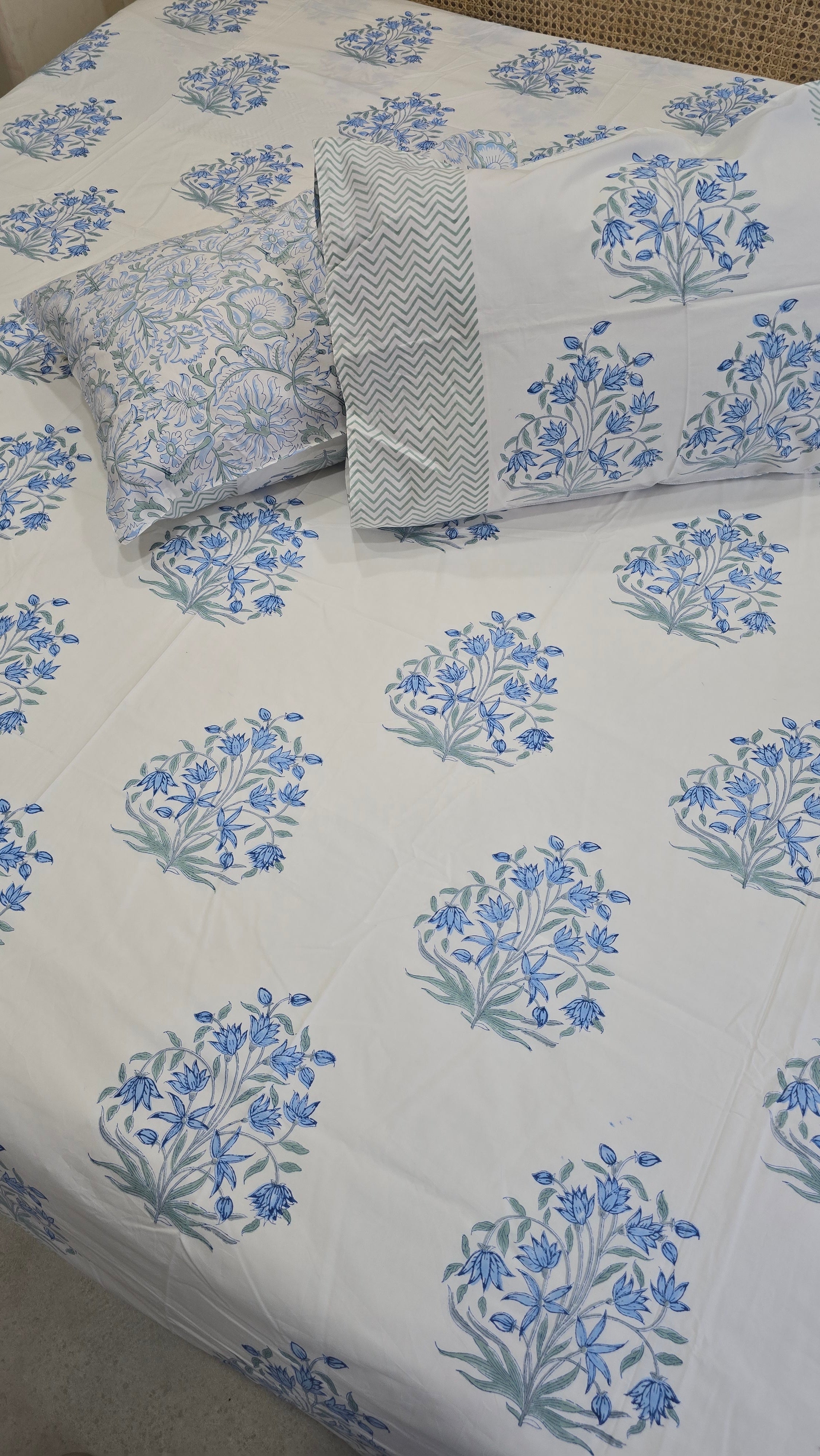 NEEL HAND BLOCK PRINTED BEDSHEET WITH TWO REVERSIBLE PILLOW COVERS