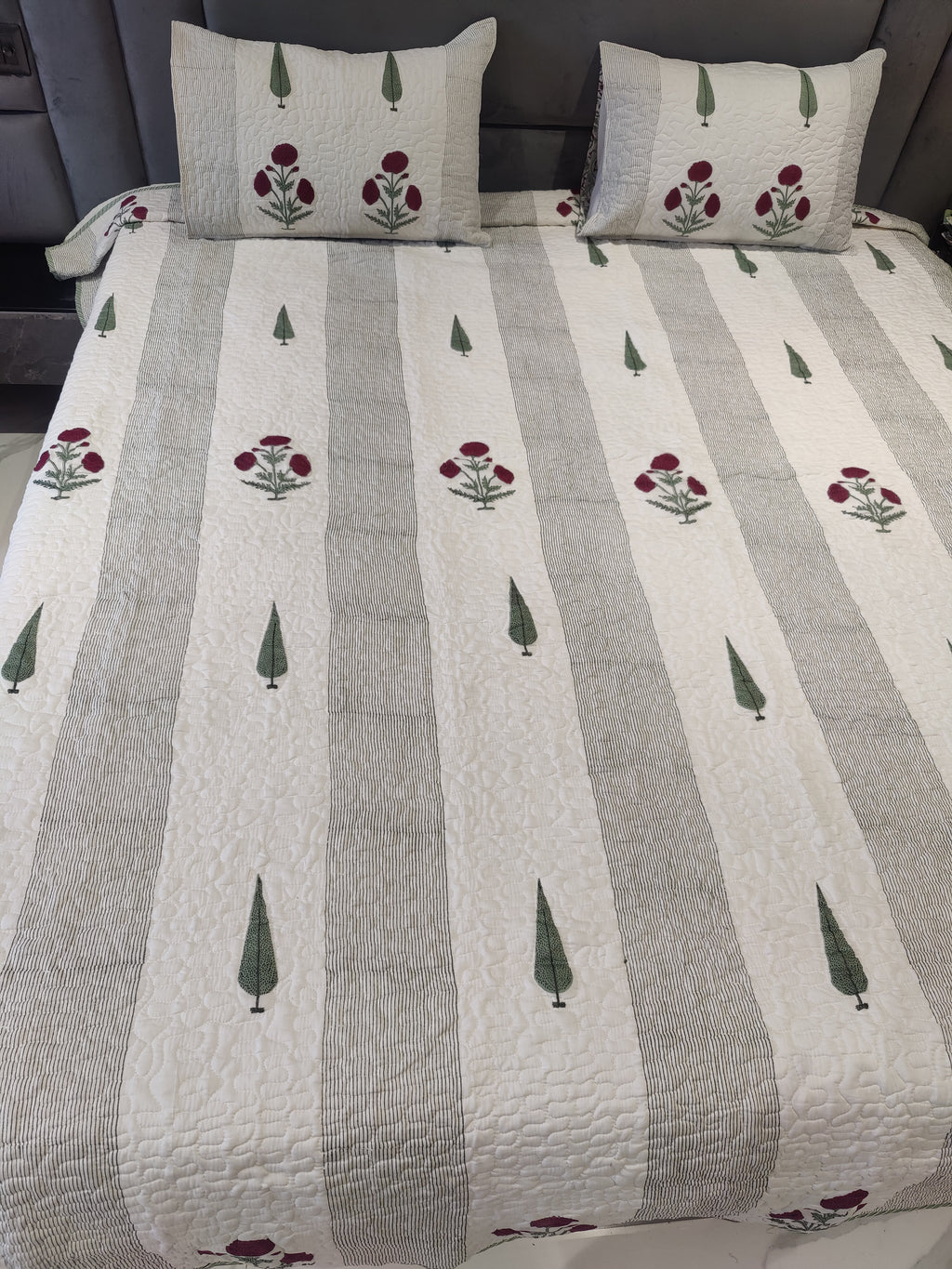 POPPY WITH CYPRESS HANDBLOCK PRINTED QUILTED BEDCOVER