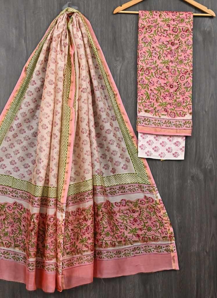 HAND BLOCK PRINTED CHANDERI UNSTITCHED SUIT
