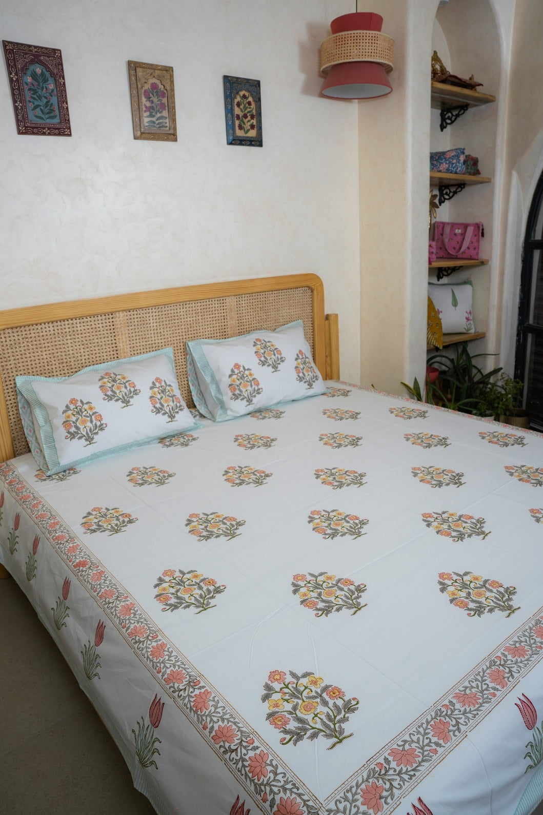 RATI HAND BLOCK PRINTED BEDSHEET WITH TWO REVERSIBLE PILLOW COVERS