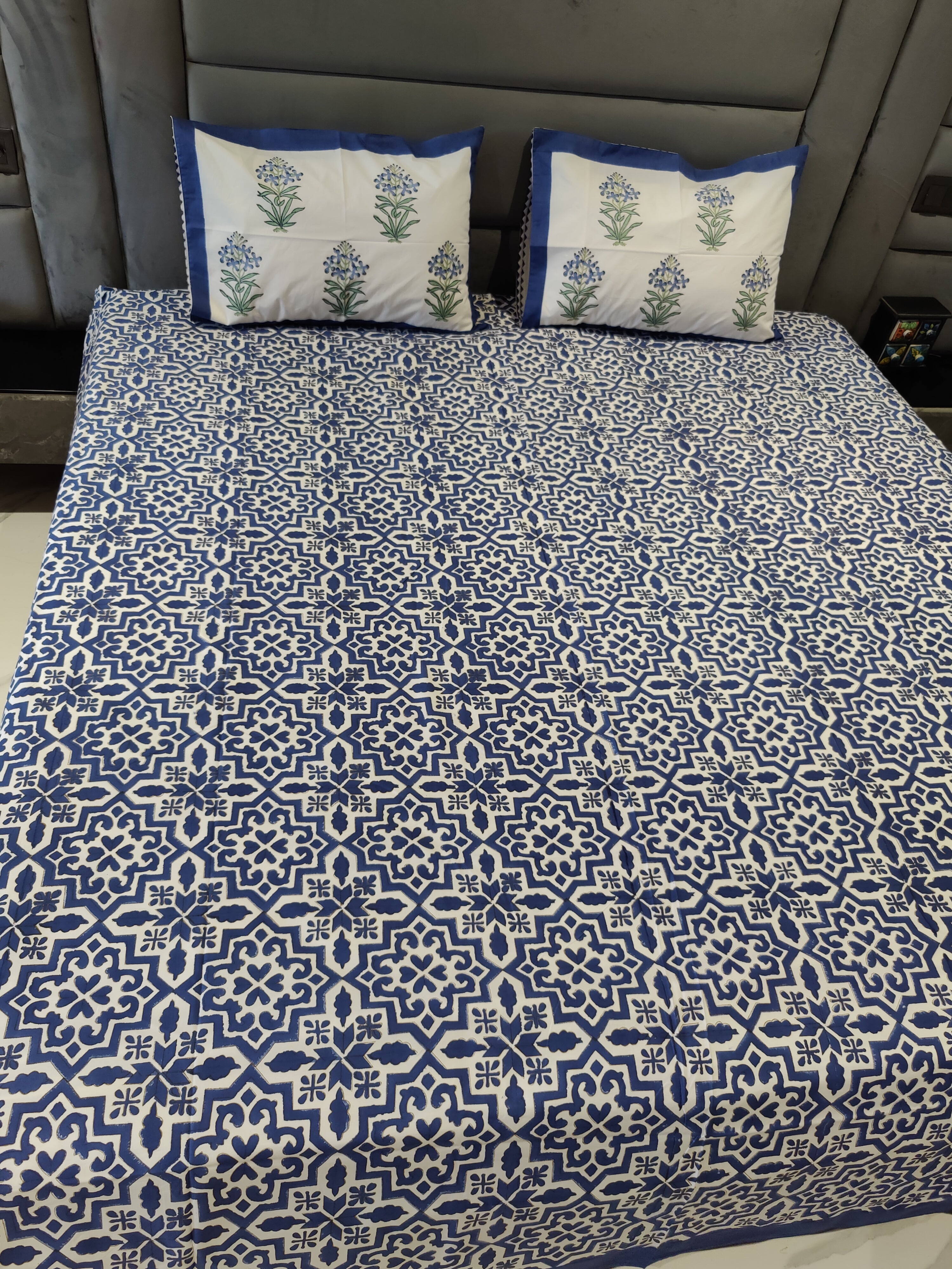 BLUE GEOMETRICAL HANDBLOCK PRINTED BEDSHEET WITH TWO REVERSIBLE PILLOW COVERS