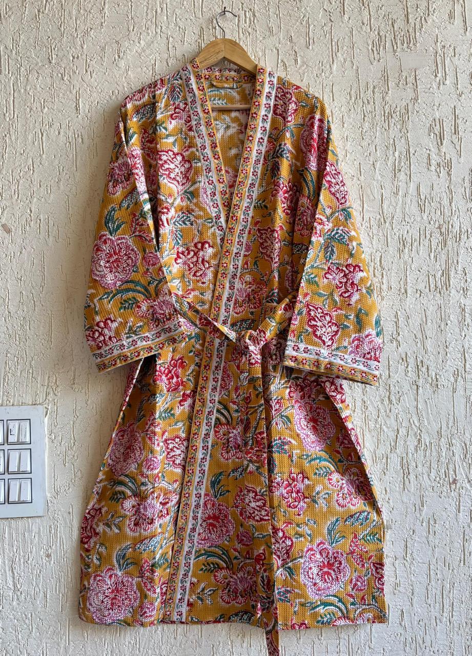 HAND BLOCK PRINTED WAFFLE BATHROBE
