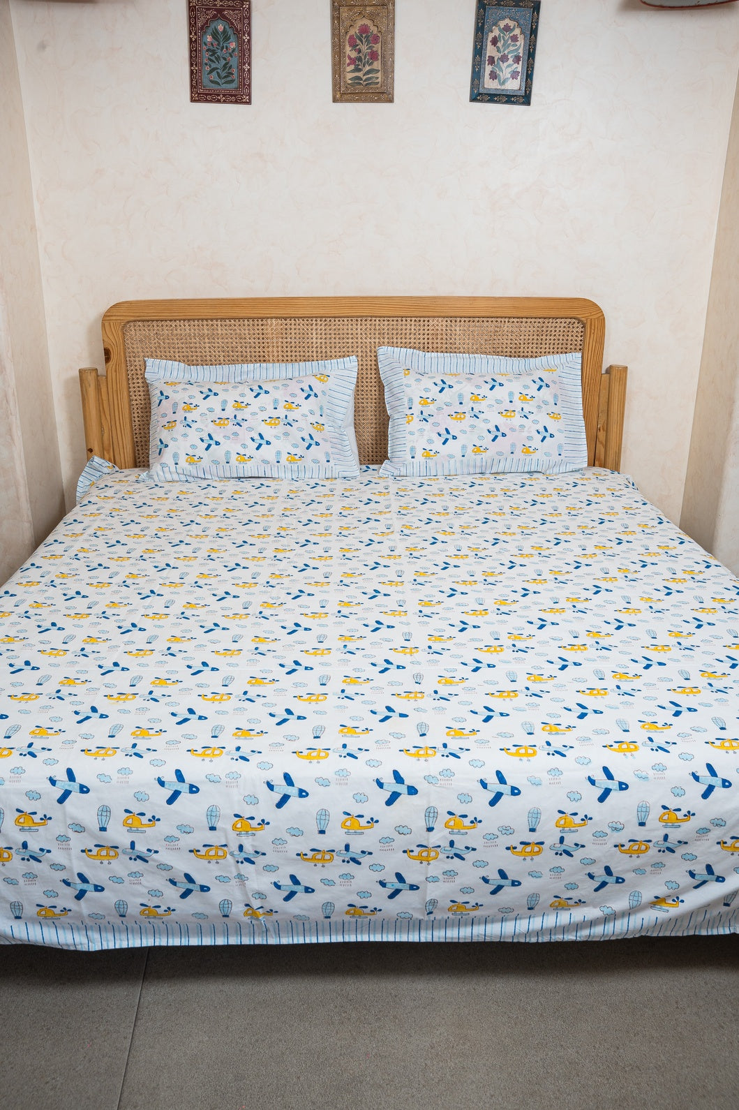 AEROPLANE HAND BLOCK PRINTED BEDSHEET WITH REVERSIBLE PILLOW COVER