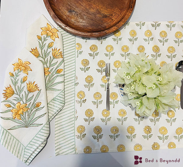 A PAIR OF HANDBLOCK PRINTED TABLE MAT AND NAPKIN SET