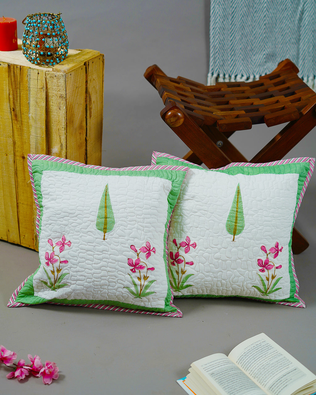 A PAIR OF HAND BLOCK PRINTED CUSHION COVER SIZE 16 by 16 INCHES