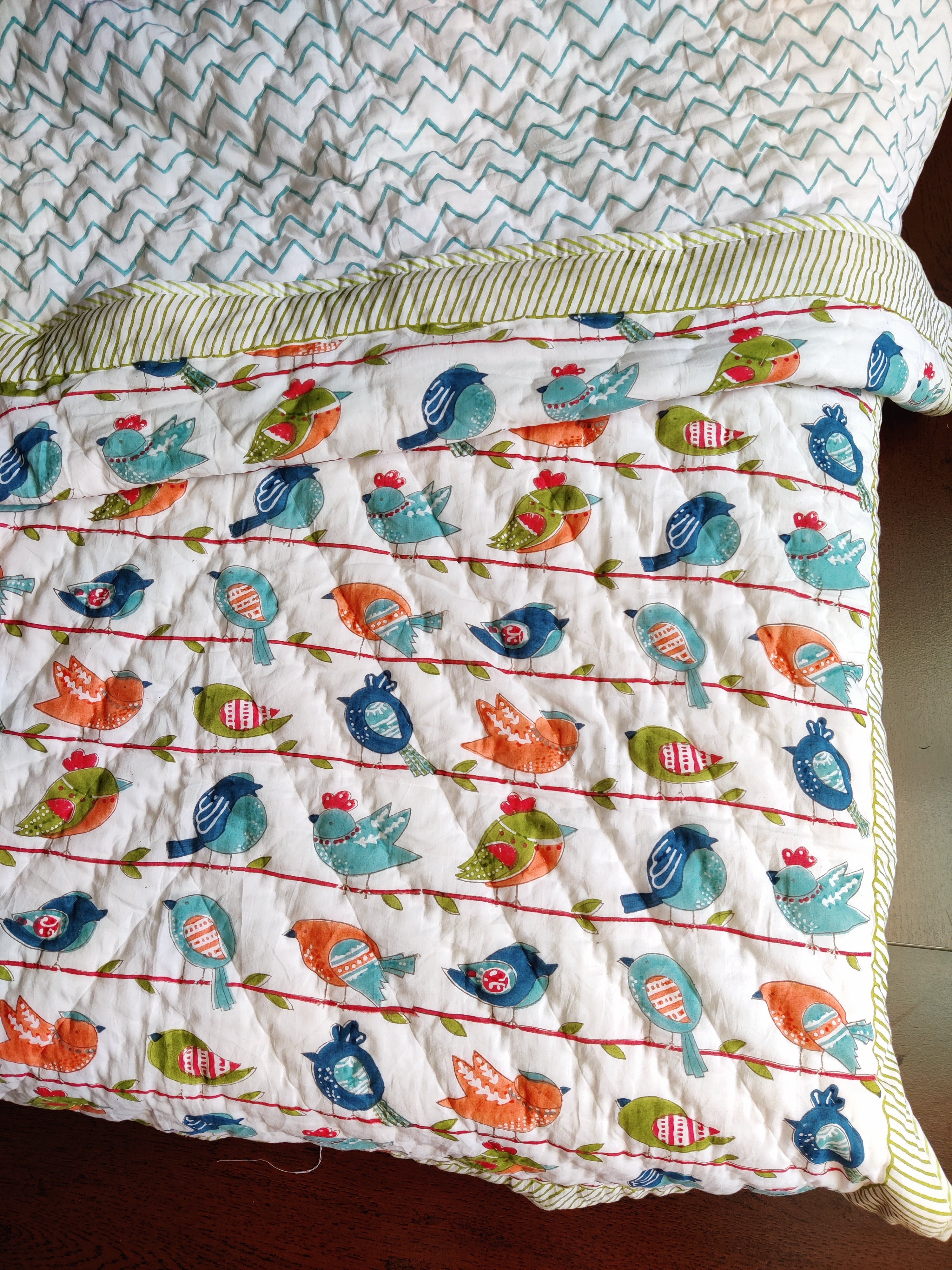 TWITTER BIRD HANDBLOCK PRINTED REVERSIBLE MULMUL BABY QUILT