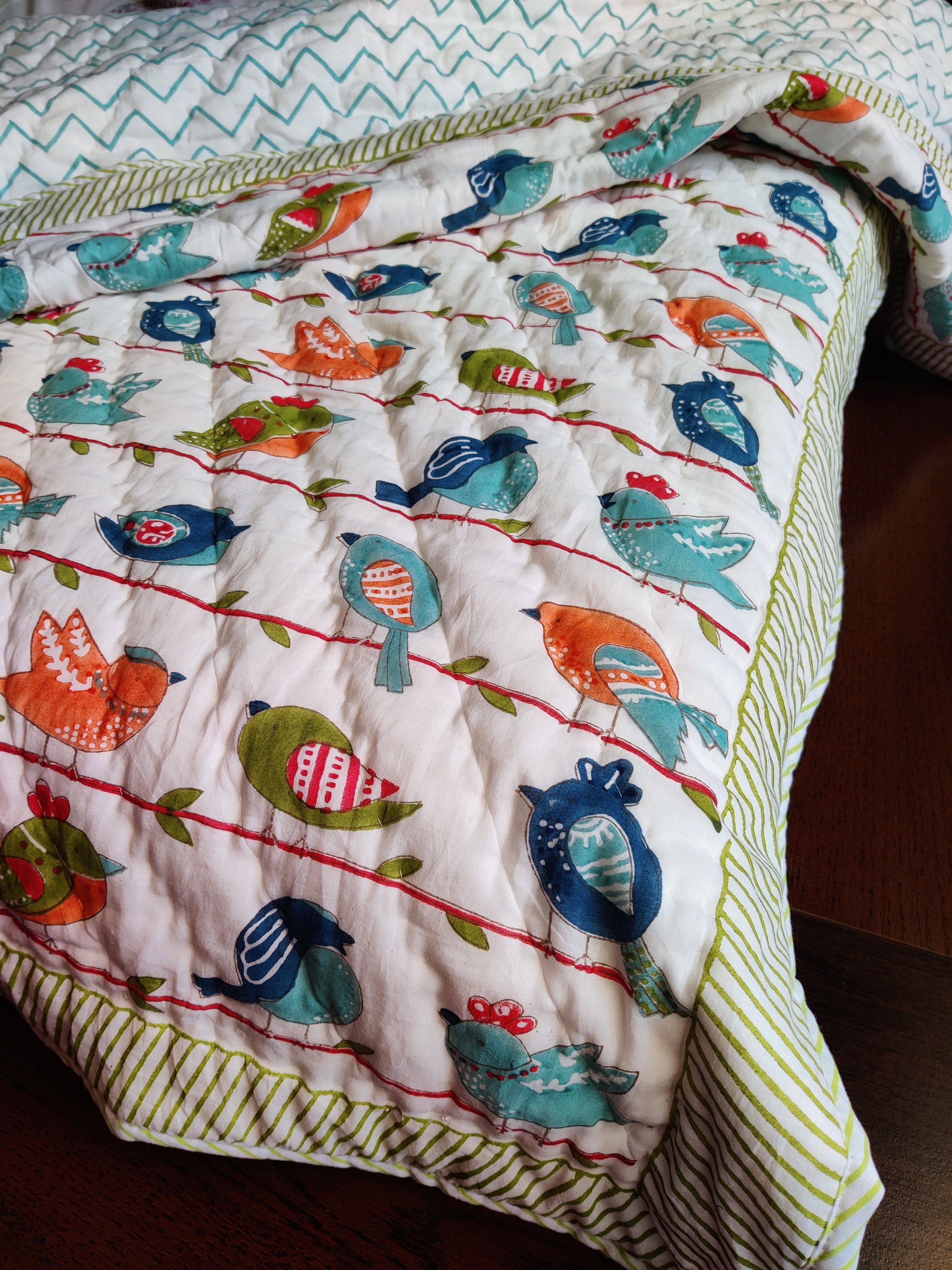 TWITTER BIRD HANDBLOCK PRINTED REVERSIBLE MULMUL BABY QUILT