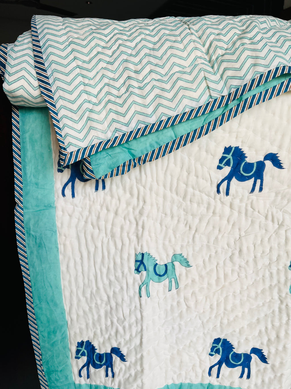 CHAL MERE GHODE HANDBLOCK PRINTED REVERSIBLE MULMUL BABY QUILT